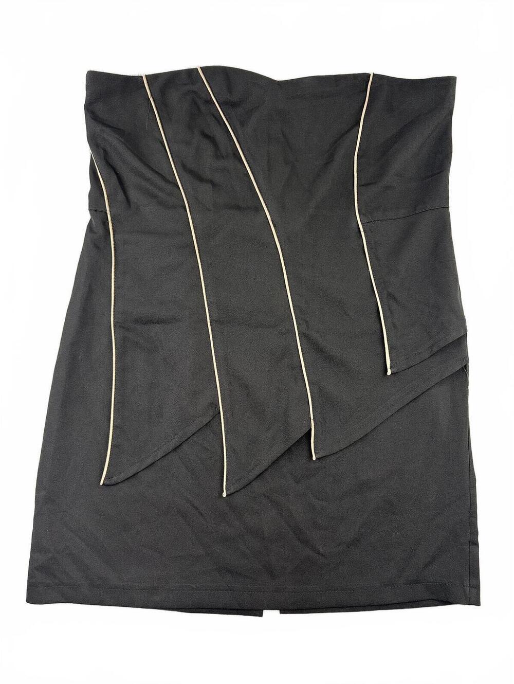 Dots Black Strapless Asymmetrical Mini Dress with Cream Piping Y2K Party - Picture 2 of 8